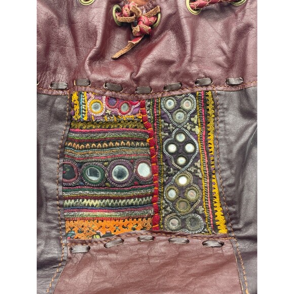 Vintage Hippie Boho Vegan Leather Backpack Banjara Embroidered Mirror Unique! - Picture 6 of 15
